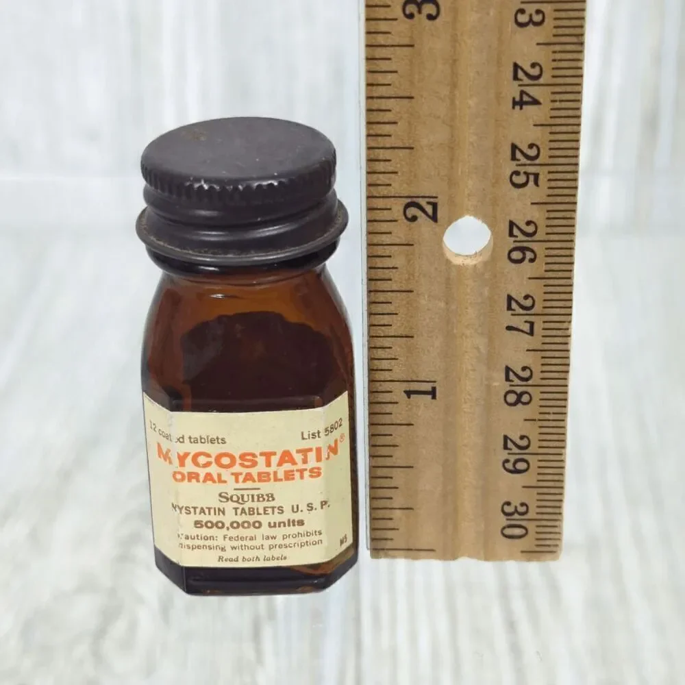 Vintage 1971 Squibb Pharmacy Nystatin Tablets Empty Glass Container